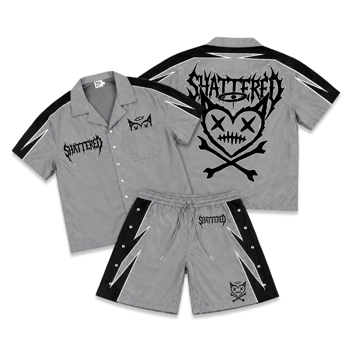 Shattered Hearts Logo Grey/Black Nylon Short Set