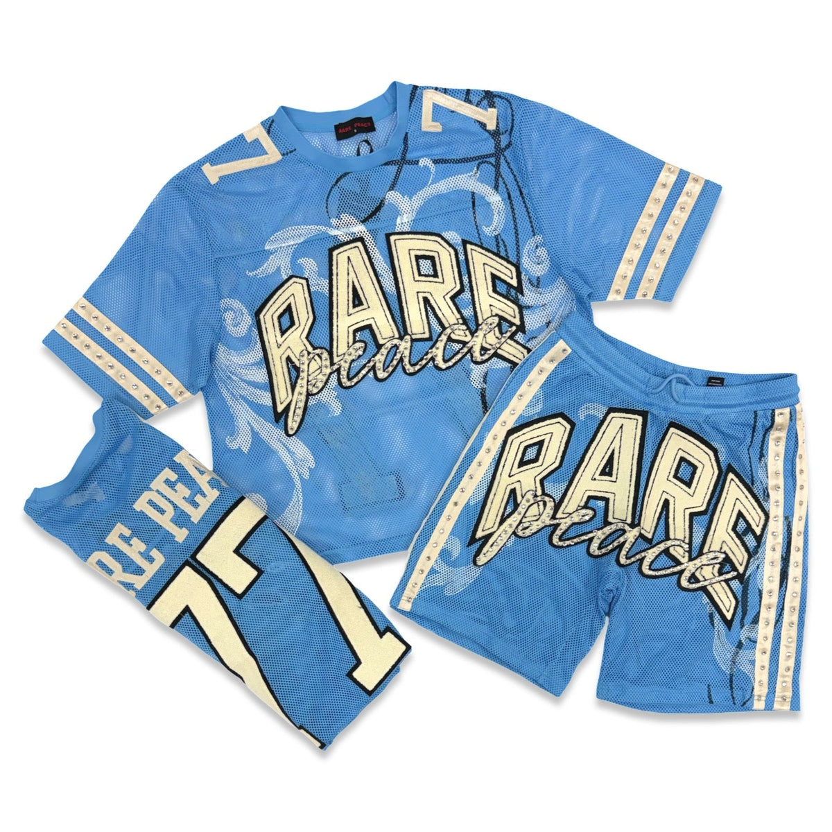 Rare Peace “Mesh” Caroline Blue Rhinestone Short Set