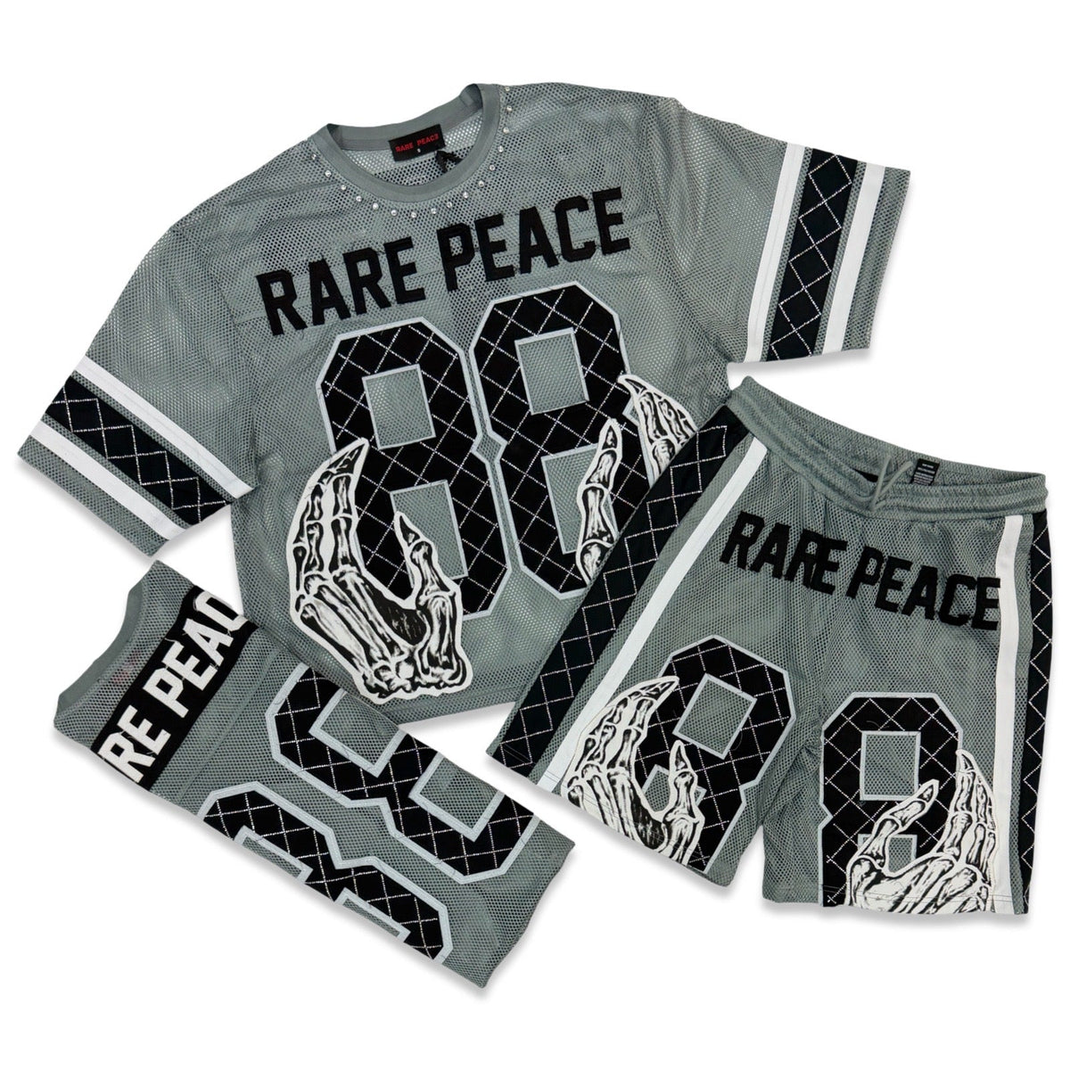 Rare Peace „Mesh“ Set aus kurzem Oberteil und Hose in Grau mit Strasssteinen