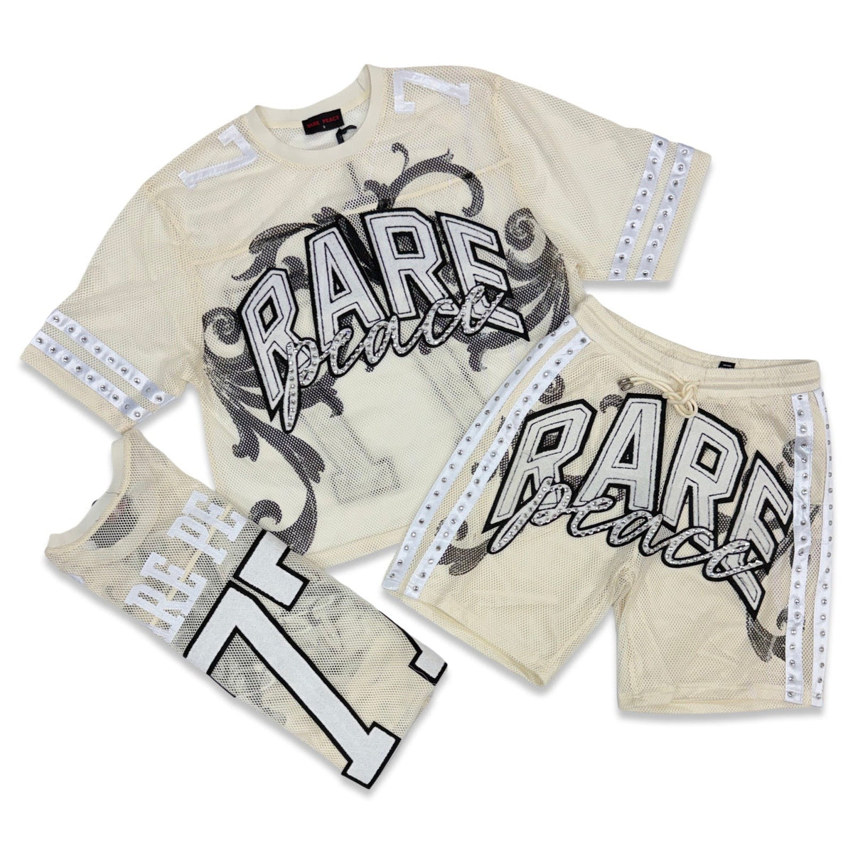 Rare Peace “Mesh” Cream Rhinestone Short Set