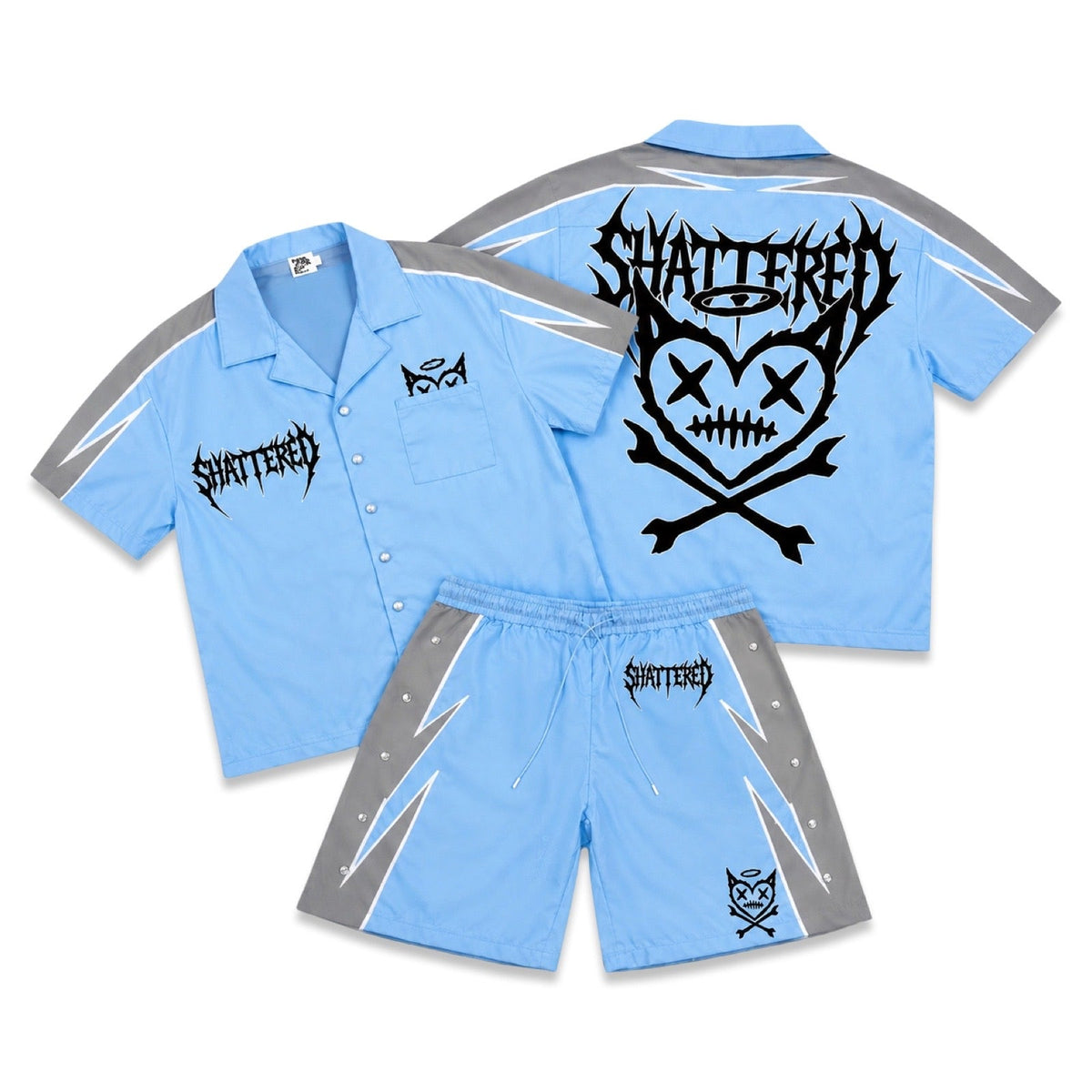 Shattered Hearts Logo Carolina Blue Nylon Short Set