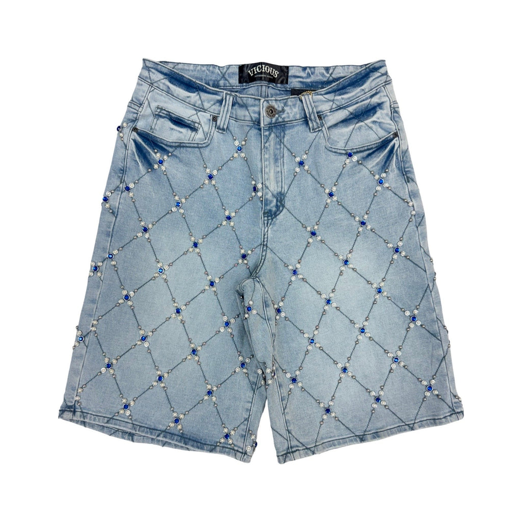 Vicious “Pearl Diamond” Stone Indigo Blue Shorts