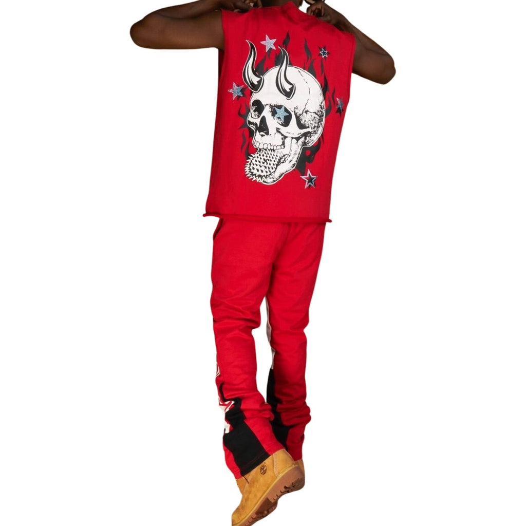 PLTKS Red World Cut Off T-Shirt und ausgestelltes Jogging-Set