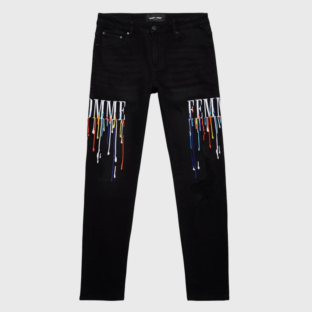 Homme Femme Letterman Drip Jeans (Schwarz)