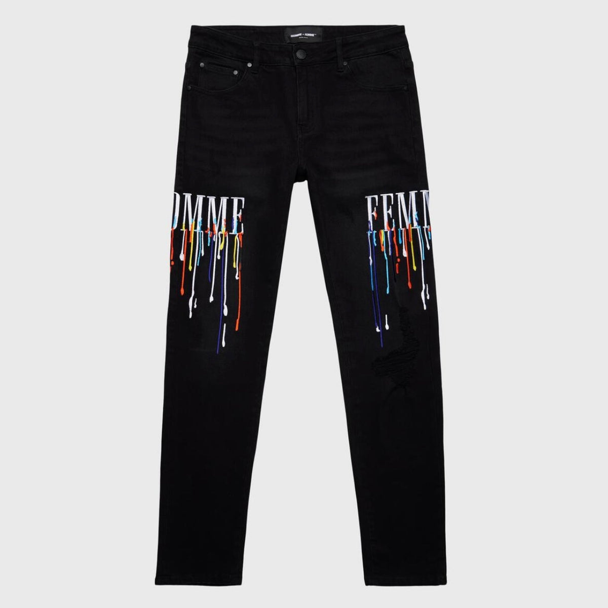 Homme Femme Letterman Drip Jeans (Schwarz)
