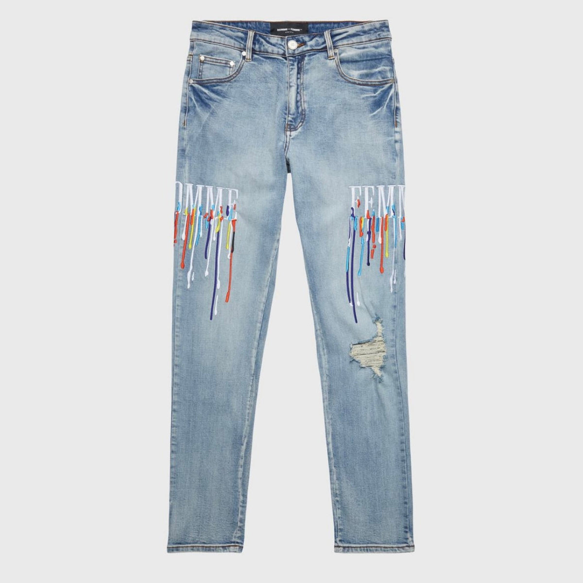 Homme Femme Letterman Drip Jeans (Blau)